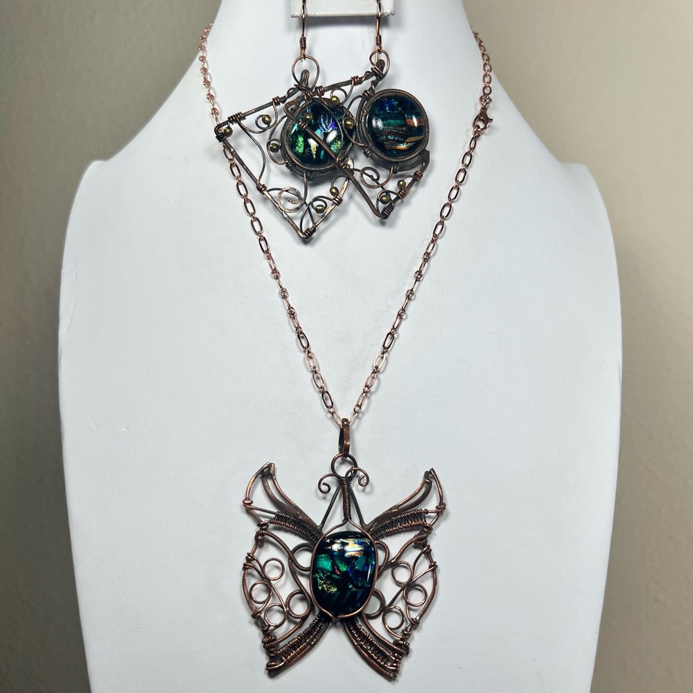 Copper Dichroic Glass Vintage Style Butterfly Gemstone Necklace & Earrings Set